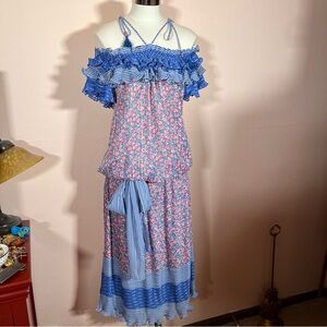 Vintage Diane Fres Art deco Feminine blue floral Drop waist Maxi Dress Small